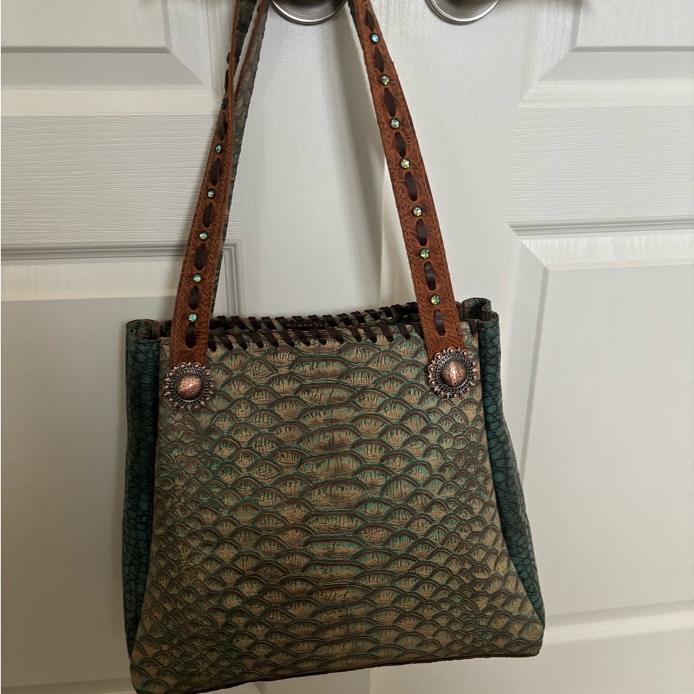 Elegant Green and Brown Leather Tote Bag- Never carried